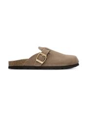 Women's suede camel flip-flops BUTYD-1267-1K(W26), side view of the product on a white background.