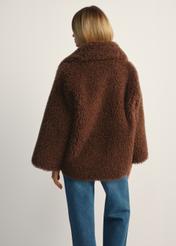 Brown short women's fur coat FUTDP-0076-89(Z25), product view from the back on the model, half of the silhouette visible.
