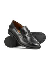 Men's black leather moccasins BUTYM-0482-99(W25), diagonal product view on white background.