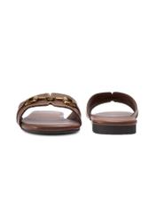 Women's leather camel flip-flops BUTYD-1273-1D(W26), front and back view of the product on a white background.