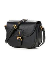 Small black women's messenger bag with a decorative clasp TOREC-1243-9F(Z26) - diagonal product view, on a white background.