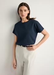 Navy blue women's mercerized cotton T-shirt TSHDT-0154-7E(W26) - front view of the product, on a model, against a light background. Knee-length silhouette visible.