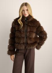 Women's short dark brown fur coat FUTDP-0085-1I(Z26) - front view of the product, on a model, against a light background. Knee-length silhouette visible.