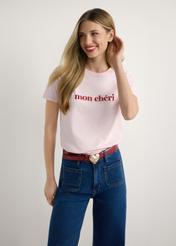 Pink women's T-shirt with print TSHDT-0152-5A(W26), front view of the product on the model, half of the silhouette visible.