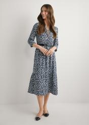 Navy blue floral viscose dress SUKDT-0268-7P(W26), front view of the product on the model. Full body visible.