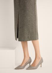 Women's gray leather pumps BUTYD-1031A-9B(Z26), side view of the product on the model's feet.
