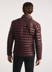 Bordová pánska kožená bunda with zateplením KURMS-0379-3359(Z25), the product is visible from the back on the model, half of the silhouette is visible.