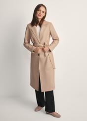 Beige women's leather coat KURDS-0613-1B(W26) - front view of a model against a light background. Full-length silhouette visible.