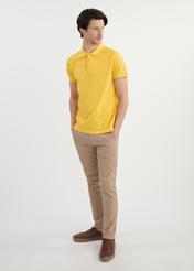 Yellow cotton polo shirt POLMT-0045B-22(W25) - front view on model on white background. Full body visible.