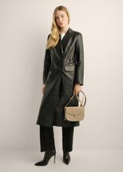 Small suede women's handbag in cool beige, model TORES-1405-1K(Z26). View with model.