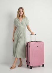 Large suitcase on wheels WALAB-0053-5C-29(W26), diagonal view of the product next to the model's silhouette.