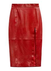 Long red leather women's skirt with slit SPCDS-0075-4B(W26)