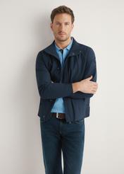 Men's navy blue transitional jacket KURMT-0417-7E(W26) - front product view, modeled, against a light background. Half-length silhouette visible.