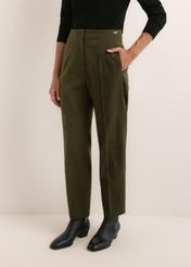 Green women's trousers with wool SPODT-0136-8B(Z26), front view of the product on the model. Half of the silhouette visible.