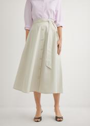 Beige midi skirt SPCDT-0123-1A(W26), front view of the product on the model. Half of the silhouette visible.