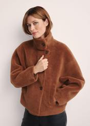 Brown woolen women's fur coat FUTDW-0033-1D(Z26), front view of the product on the model. Half of the silhouette visible.