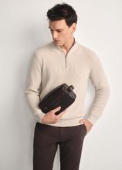 Brown men's cosmetic bag TORMS-0463-1H(Z26)  - front view of the product on a model against a white background. Half of the silhouette visible.