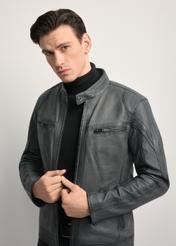 Men's graphite leather jacket KURMS-0393-9D(W26) - front product view, modeled, against a white background. Half silhouette visible.