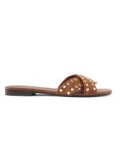 Women's camel leather mules with rhinestones BUTYD-1226-1D(W26), side view of the product on a white background.