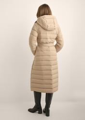 Dark beige long women's jacket KURDT-0709-1C(Z26), back view of the product on the model. Full body visible.