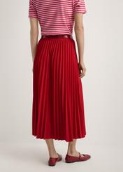 Red pleated midi skirt SPCDT-0096-4B(W26), product view from the back on the model, half of the silhouette visible.