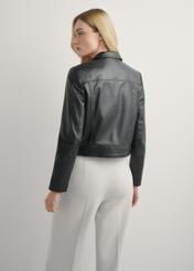 Women's black leather short jacket KURDS-0471-99(W26), back view of the product on the model. Half of the silhouette visible.