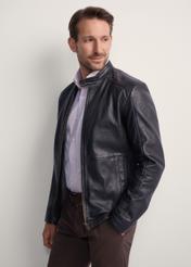 Classic men's leather jacket KURMS-0297-5427(KS), front product view on model. Half silhouette visible.