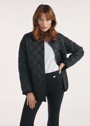 Black women's quilted jacket with hood KURDT-0588-99(Z25), front view of the product on the model, half of the silhouette visible.