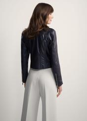 Women's black leather biker jacket KURDS-0323A-99(KS), back view of the product on the model. Half of the silhouette visible.