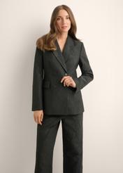 Women's black floral blazer ZAKDT-0052-99(Z26), front view of the product on the model. Half of the silhouette visible.