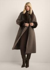 Long brown wool fur coat FUTDW-0043-1I(Z26), front view of the product on the model. Full body visible.