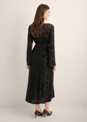 Black floral long dress SUKDT-0288-99(Z26), product view from the back on the model. Full body visible.