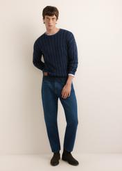 Navy blue cotton men's sweater SWEMT-0211-7E(Z26), front view of the product on the model. The entire silhouette is visible.