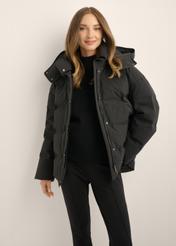 Women's jacket with natural fill KURDT-0702-99(Z26), front view of the product on the model. Half of the silhouette visible.