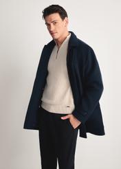 Men's navy blue coat PLAMT-0007-69(Z25) - front view of the product model against a white background. Half of the silhouette visible.