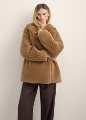 Women's camel fur coat with wool FUTDW-0040-1D(Z26), front view of the product on the model. Half of the silhouette visible.