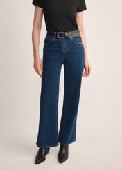 Women's navy blue denim pants JEADT-0013-69(Z25), front view of the product on the model. Half of the silhouette visible.