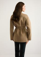 Women's camel wool coat PLADT-0074-1D(W26), back view of the product on the model. Half of the silhouette visible.