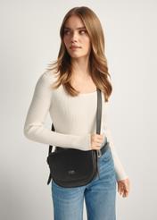 Black leather women's shoulder bag TORES-1218-9I(W26), front view of the product on a model, half of the silhouette visible.