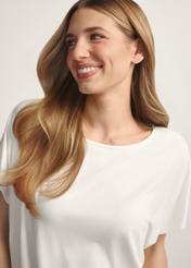 Women's white blouse with cuff BLUDT-0170-0B(W26), close-up of the product on the model.