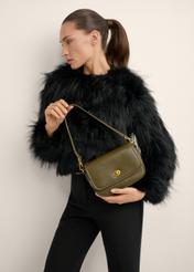 Small women's khaki handbag TOREC-1249-8D(Z26), product view in model's hand. Half of silhouette visible.