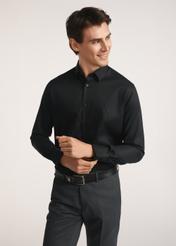 Black men's shirt KOSMT-0351-99(Z25) - front view of the product on a model on a white background. Half of the silhouette visible.