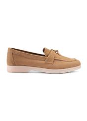 Women's leather moccasins in cool beige color BUTYD-1256-1K(W26) - product view from the side, on a white background.