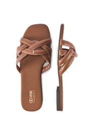 Camel leather women's slides with braid BUTYD-1222-1D(W26), product view from above on white background.