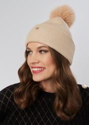 Beige women's cap with pompom CZADT-0161-82(Z23)-01