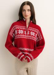 Red women's sweater with a Norwegian pattern (SWEDT-0273-4B(Z26)), front view on a model. Half-body shot.