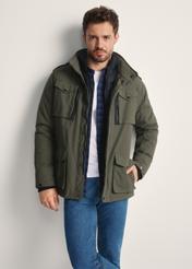 Men's olive transitional jacket KURMT-0392-57(Z25) - front product view of the model against a white background. Half silhouette visible.