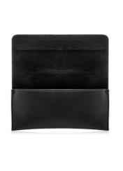 Black imitation leather glasses case POREC-0434-99(W26), product view with open flap on white background.
