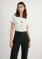 Cream women's T-shirt with logo TSHDT-0155-0B(W26), front view of the product on the model. Half of the silhouette visible.