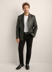 Black vintage men's leather jacket KURMS-0402-9J(Z26). Front view of the product on a model. Full silhouette visible. 